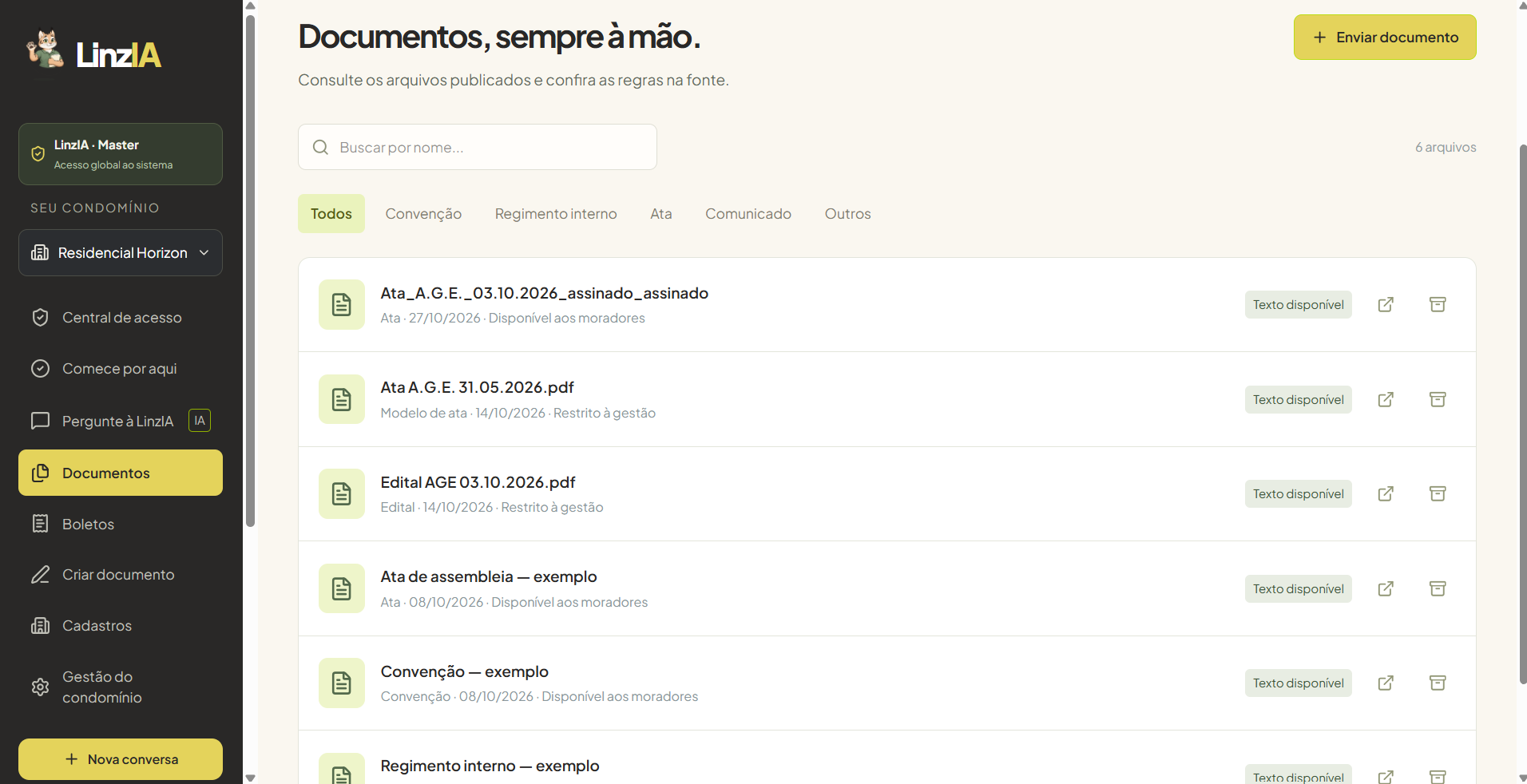 Tela real: Documentos, sempre à mão. Modo de teste.