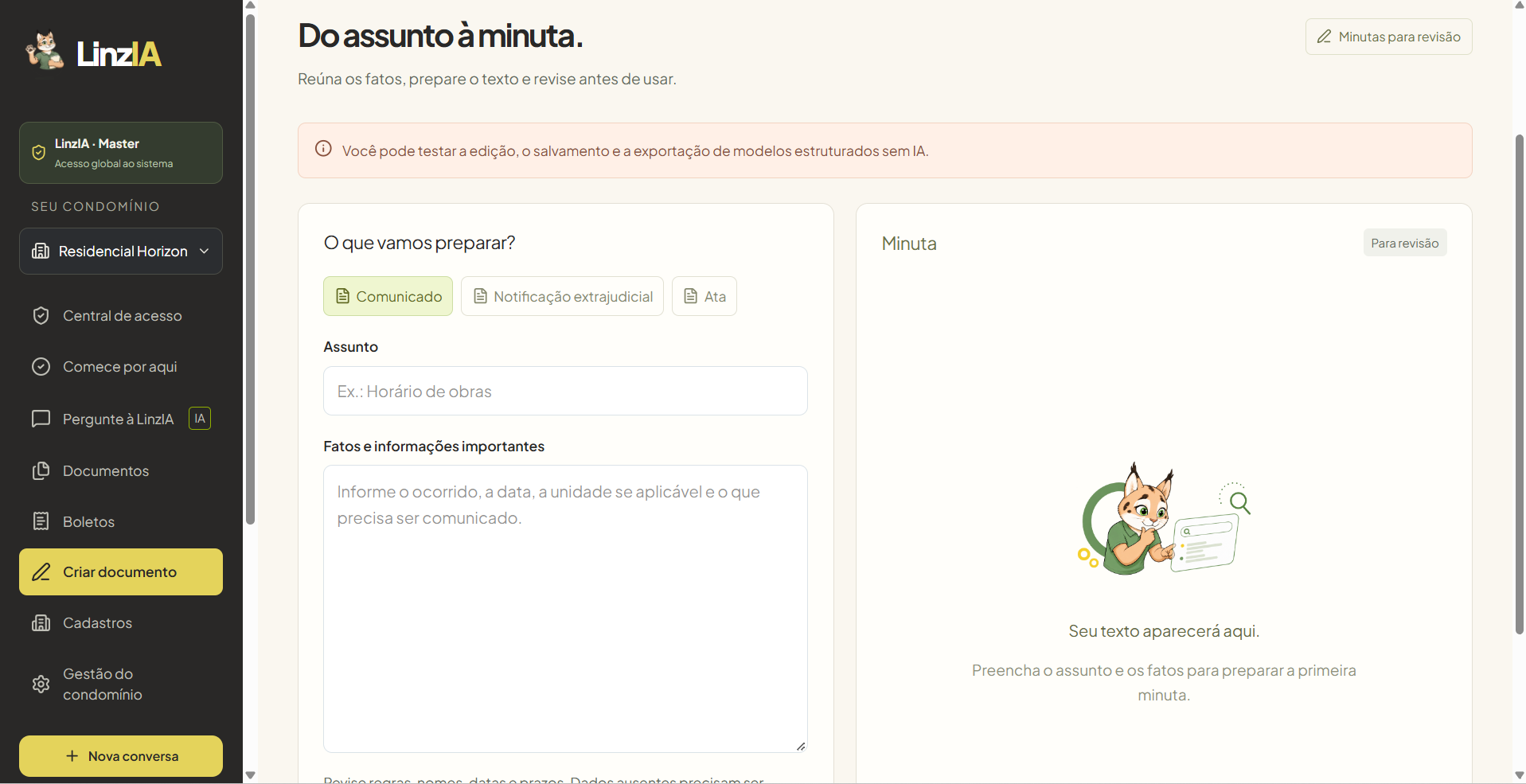 Tela real: Do assunto à minuta. Modo de teste.