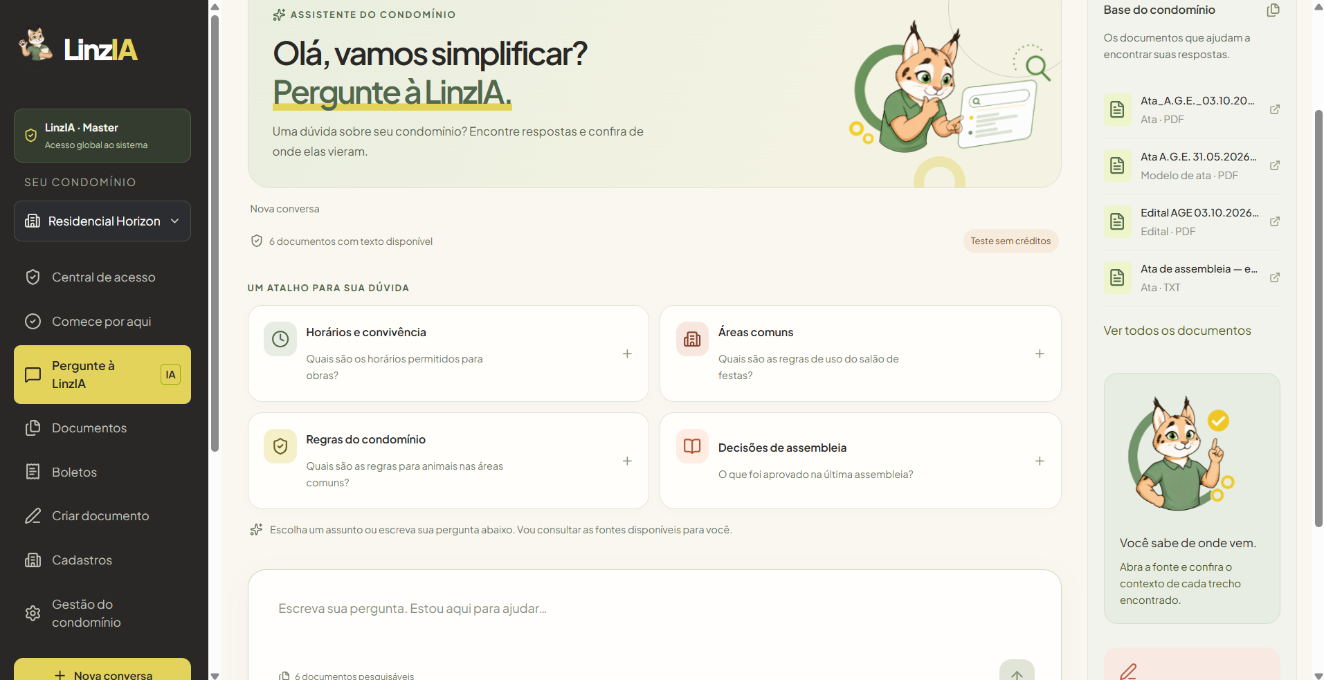 Tela real de perguntas da LinzIA com sugestões de assuntos e documentos de apoio, em modo de teste